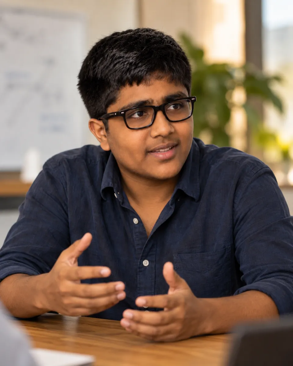 Sanjay Divakar, mid-conversation at a table