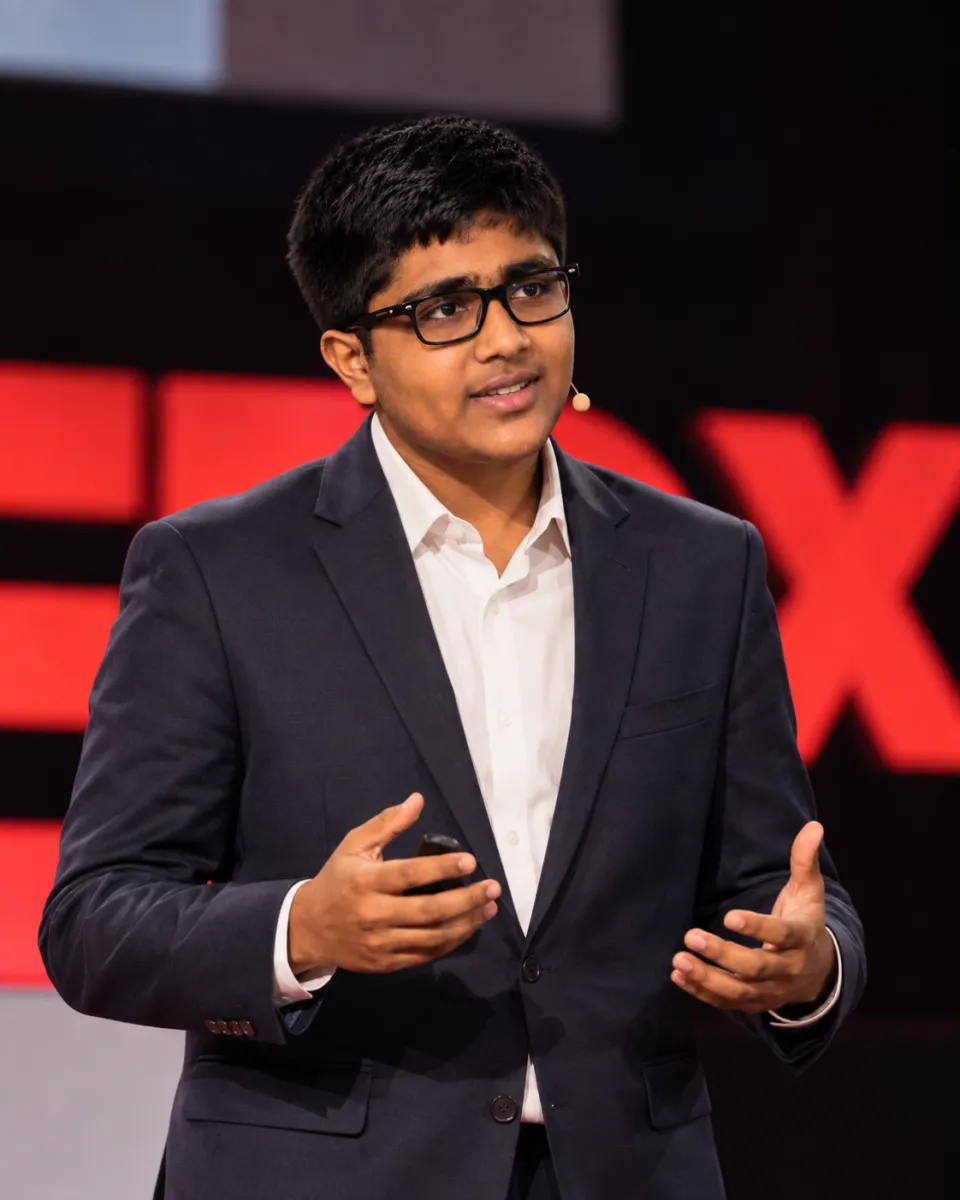 Sanjay Divakar speaking on a TEDx stage